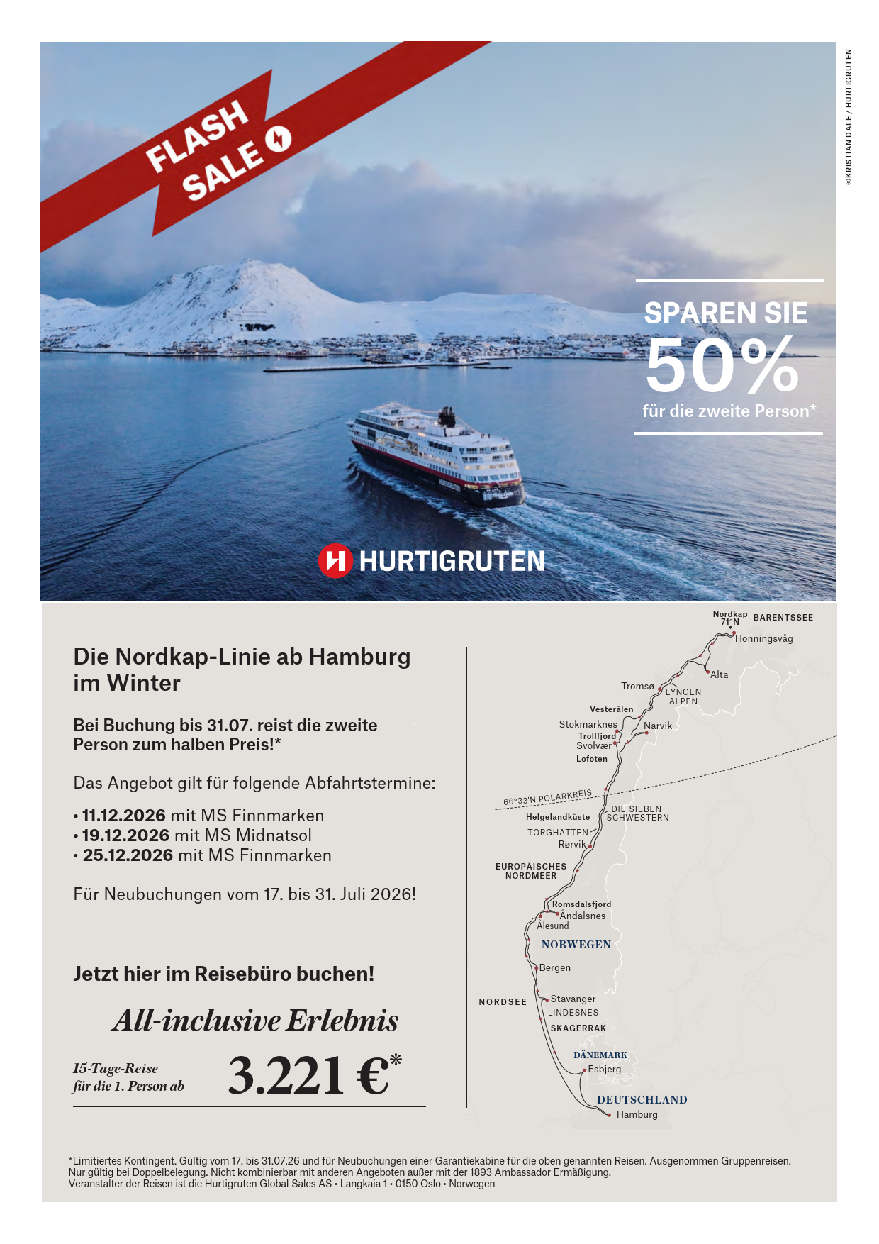Hurtigruten: 2. Person spart 50%